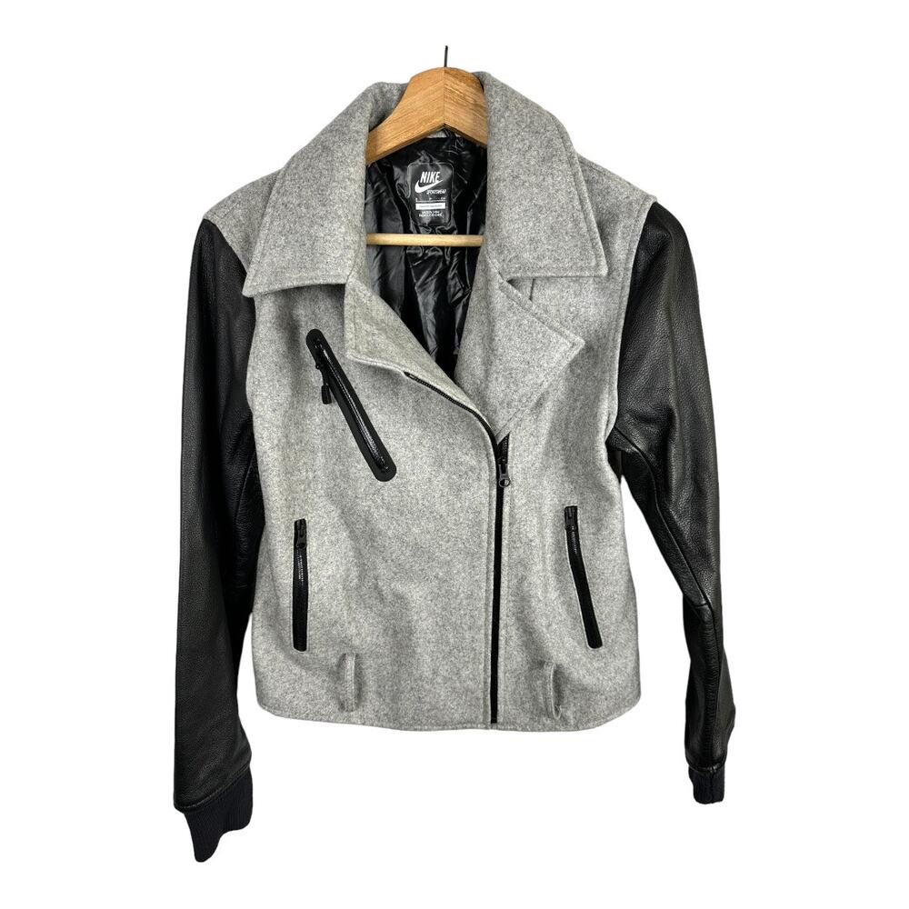 Nike NSW Womens Size Small Gray Wool Destroyer Jacket Moto Bomber Leather